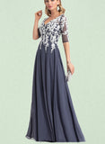 Karlee A-line V-Neck Floor-Length Chiffon Lace Evening Dress UKP0020852