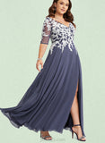 Karlee A-line V-Neck Floor-Length Chiffon Lace Evening Dress UKP0020852