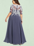 Karlee A-line V-Neck Floor-Length Chiffon Lace Evening Dress UKP0020852