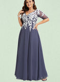 Karlee A-line V-Neck Floor-Length Chiffon Lace Evening Dress UKP0020852