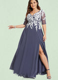 Karlee A-line V-Neck Floor-Length Chiffon Lace Evening Dress UKP0020852