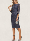 Caitlin Sheath/Column Boat Neck Knee-Length Chiffon Lace Cocktail Dress With Pleated Sequins UKP0020853