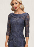 Caitlin Sheath/Column Boat Neck Knee-Length Chiffon Lace Cocktail Dress With Pleated Sequins UKP0020853