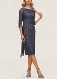 Caitlin Sheath/Column Boat Neck Knee-Length Chiffon Lace Cocktail Dress With Pleated Sequins UKP0020853