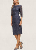 Caitlin Sheath/Column Boat Neck Knee-Length Chiffon Lace Cocktail Dress With Pleated Sequins UKP0020853