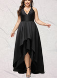 Pat A-line V-Neck Asymmetrical Satin Evening Dress UKP0020855