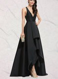 Pat A-line V-Neck Asymmetrical Satin Evening Dress UKP0020855