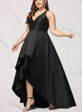 Pat A-line V-Neck Asymmetrical Satin Evening Dress UKP0020855