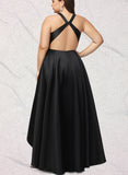 Pat A-line V-Neck Asymmetrical Satin Evening Dress UKP0020855