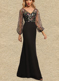 Melany Sheath/Column V-Neck Illusion Floor-Length Chiffon Lace Evening Dress UKP0020856