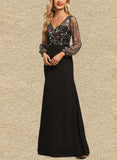 Melany Sheath/Column V-Neck Illusion Floor-Length Chiffon Lace Evening Dress UKP0020856