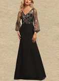 Melany Sheath/Column V-Neck Illusion Floor-Length Chiffon Lace Evening Dress UKP0020856