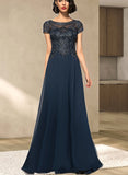 Maggie A-line Scoop Illusion Floor-Length Chiffon Lace Evening Dress With Sequins UKP0020857