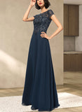 Maggie A-line Scoop Illusion Floor-Length Chiffon Lace Evening Dress With Sequins UKP0020857