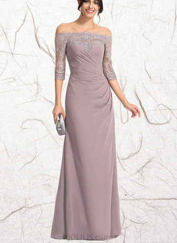 Caitlin Sheath/Column Off the Shoulder Floor-Length Chiffon Lace Evening Dress With Pleated UKP0020860