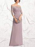 Caitlin Sheath/Column Off the Shoulder Floor-Length Chiffon Lace Evening Dress With Pleated UKP0020860