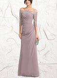 Caitlin Sheath/Column Off the Shoulder Floor-Length Chiffon Lace Evening Dress With Pleated UKP0020860