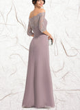 Caitlin Sheath/Column Off the Shoulder Floor-Length Chiffon Lace Evening Dress With Pleated UKP0020860