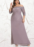 Caitlin Sheath/Column Off the Shoulder Floor-Length Chiffon Lace Evening Dress With Pleated UKP0020860