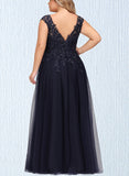 Campbell A-line V-Neck Floor-Length Lace Tulle Evening Dress With Sequins UKP0020861