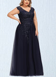 Campbell A-line V-Neck Floor-Length Lace Tulle Evening Dress With Sequins UKP0020861