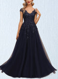 Campbell A-line V-Neck Floor-Length Lace Tulle Evening Dress With Sequins UKP0020861