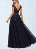 Campbell A-line V-Neck Floor-Length Lace Tulle Evening Dress With Sequins UKP0020861