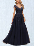 Campbell A-line V-Neck Floor-Length Lace Tulle Evening Dress With Sequins UKP0020861