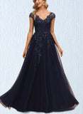 Campbell A-line V-Neck Floor-Length Lace Tulle Evening Dress With Sequins UKP0020861