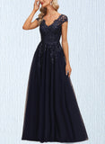 Campbell A-line V-Neck Floor-Length Lace Tulle Evening Dress With Sequins UKP0020861