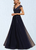 Campbell A-line V-Neck Floor-Length Lace Tulle Evening Dress With Sequins UKP0020861