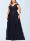 Campbell A-line V-Neck Floor-Length Lace Tulle Evening Dress With Sequins UKP0020861