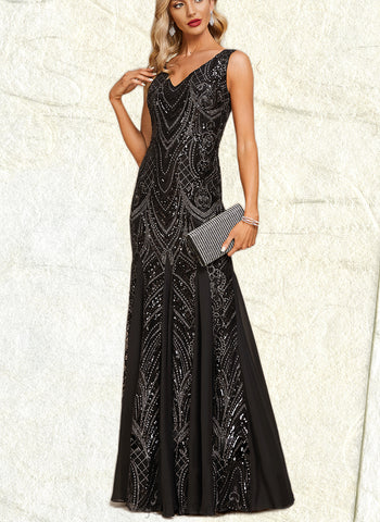 Nathalie Trumpet/Mermaid V-Neck Floor-Length Chiffon Sequin Evening Dress UKP0020862