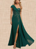 Kinsley Trumpet/Mermaid One Shoulder Floor-Length Chiffon Lace Evening Dress With Pleated Sequins UKP0020863