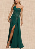 Kinsley Trumpet/Mermaid One Shoulder Floor-Length Chiffon Lace Evening Dress With Pleated Sequins UKP0020863