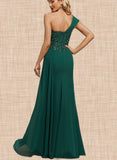 Kinsley Trumpet/Mermaid One Shoulder Floor-Length Chiffon Lace Evening Dress With Pleated Sequins UKP0020863