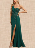 Kinsley Trumpet/Mermaid One Shoulder Floor-Length Chiffon Lace Evening Dress With Pleated Sequins UKP0020863