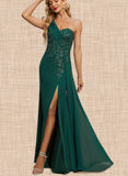 Kinsley Trumpet/Mermaid One Shoulder Floor-Length Chiffon Lace Evening Dress With Pleated Sequins UKP0020863