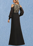 Coral Sheath/Column Scoop Floor-Length Chiffon Lace Evening Dress With Sequins UKP0020864