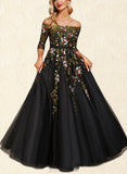 Jaylyn Ball-Gown/Princess Off the Shoulder Floor-Length Lace Tulle Evening Dress With Beading UKP0020866