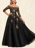 Jaylyn Ball-Gown/Princess Off the Shoulder Floor-Length Lace Tulle Evening Dress With Beading UKP0020866