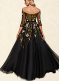 Jaylyn Ball-Gown/Princess Off the Shoulder Floor-Length Lace Tulle Evening Dress With Beading UKP0020866