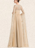 Elena A-line Square Floor-Length Chiffon Lace Evening Dress With Beading Pleated UKP0020868