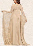 Elena A-line Square Floor-Length Chiffon Lace Evening Dress With Beading Pleated UKP0020868