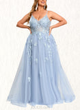 Virginia A-line V-Neck Floor-Length Tulle Prom Dresses UKP0020869