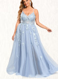 Virginia A-line V-Neck Floor-Length Tulle Prom Dresses UKP0020869