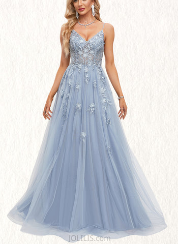 Virginia A-line V-Neck Floor-Length Tulle Prom Dresses UKP0020869