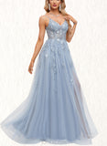 Virginia A-line V-Neck Floor-Length Tulle Prom Dresses UKP0020869