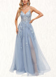 Virginia A-line V-Neck Floor-Length Tulle Prom Dresses UKP0020869