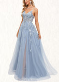 Virginia A-line V-Neck Floor-Length Tulle Prom Dresses UKP0020869